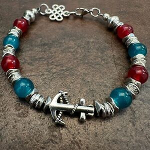 Silver Anchor Bracelet with Red and Blue Beads